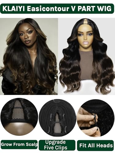Image of KLAIYI Ombre Brown V Part Wig Body Wave Human Hair Upgrade U Part Wig with Dark Roots Glueless Chestnut Brown Clip in Half Wig No Glue No Leave Out Beginner Wigs for Women 30S Wear and Go Wig 26Inch