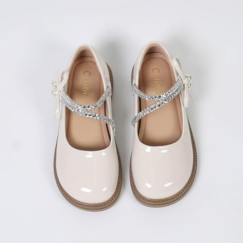 Kids Girls Rhinestone Strap Mary Jane Flats Back to School Dress Shoes with Bow, Black and White3