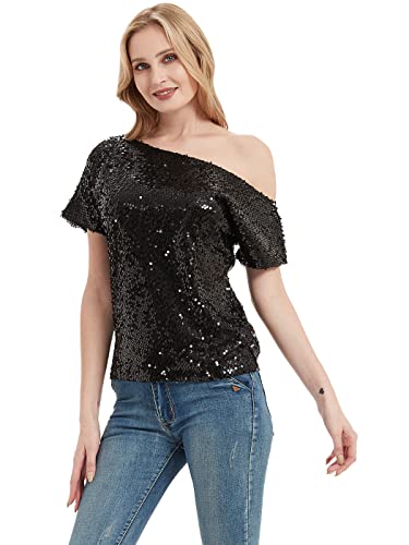Anna-Kaci Womens Short Sleeve One Shoulder Sparkly Glitter Sequin Top Shirt Blouse3
