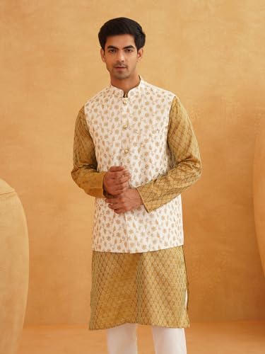 Sojanya (Since 1958 Men'S Ethnic Motifs Silk Blend Mustard Kurta With Pyjama & Cream Nehru Jacket3