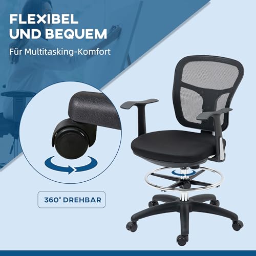 Vinsetto Krzesło biurowe, ergonomiczne krzesło kreślarskie, 95-115 cm, krzesło komputerowe z podłokietnikami, krzesło do biurka z podnóżkiem, krzesło obrotowe do biura, salonu, siatka, czarne