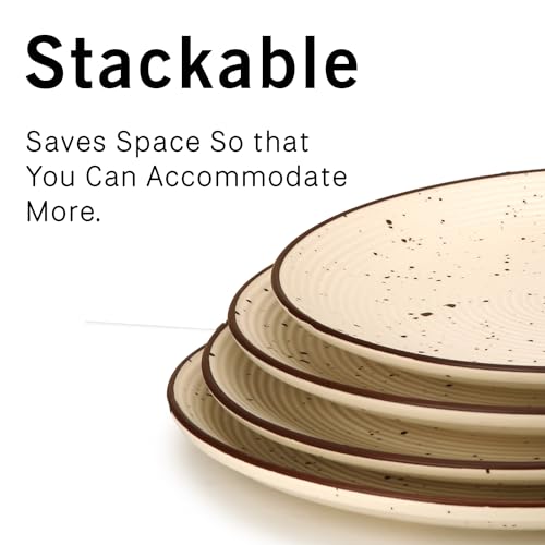 Image of Handcrafted Stoneware Ceramic Dinner Plates, 4 Pieces Serving for 4, Microwave and Dishwasher Safe, Bone-ash Free, Full Plate Set Crockery for Dining and Gifting, Beige