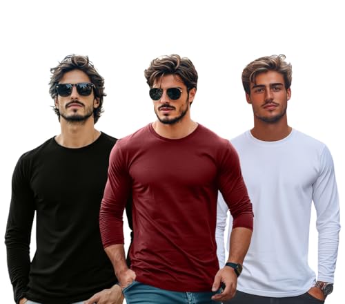 Image of Veirdo Pure Cotton Round Neck Regular Fit Solid Full Sleeve T-Shirt Pack of 3 Combo for Men (Colors: Swanwhite, Green, Navy, Black, Cork, White & Maroon)