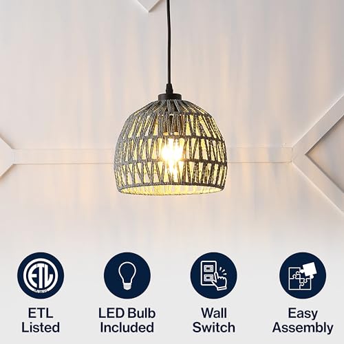 Image of JONATHAN Y 8.25 inch Gray Modern Bohemian Woven Rope LED Pendant Light Fixture, Adjustable Dome Ceiling Lamp for Kitchen Island, Rope Shade, Coastal Farmhouse Decor (JYL6512D)