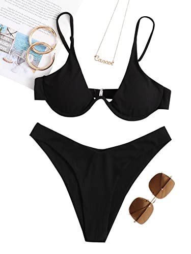 Verdusa Women's 2 Piece Triangle Bikini High Cut Bathing Suit Swimwear Black M #TOP4