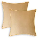 CaliTime Throw Pillow Covers Pack of 2 Super Soft Faux Suede Gold Piping Edge Accent Cushion Cases for Couch Bed Sofa Farmhouse Decorative 18 X 18 Inches Tan