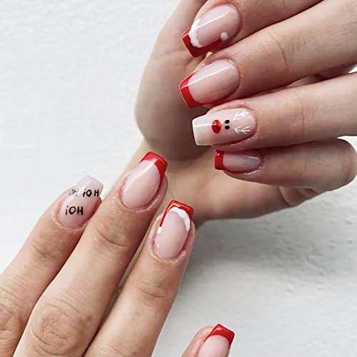 24Pcs Christmas Elk Press on Nails Short Fake Nails French Tips Christmas Hat Design False Nails Acrylic Artificial Nails Square Full Cover Glue on Nails Stick on Nails for Women Girls Manicure Art