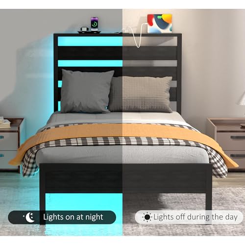 Image of J.Fkne Twin Bed Frame with Headboard, Platform Bed with LED & Charging Station, Heavy Duty Metal Slats, No Box Spring Needed, Noise Free, Easy Assembly, Black