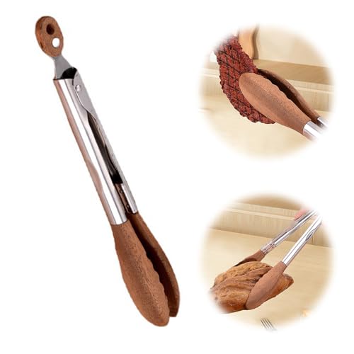 2025 New Wooden Tongs for Cooking, Stainless Steel Anti-Slip Long Handle Wood Salad Tongs with Hanging Hole, Kitchen Cooking Tongs for BBQ, Grilling, Serving Food, Tossing Salad (9in)