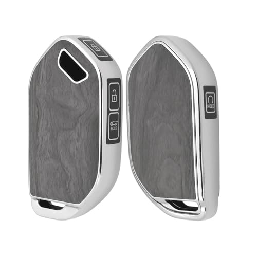 Image of Keyzone Woodgrain TPU Key Cover & Keychain for Kia Seltos 2026, Syros, EV6, EV9 Smart Key (Oak Grey)
