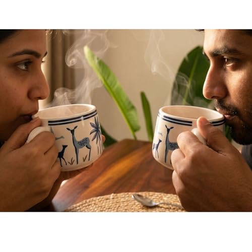 Image of DMRD MART-Handcrafted Ceramic Stag 7PC Tea Cup Set with Kettle Safe 6 Cups 1 Kettle | Tea Pot Set 1000ml Ceramic Porcelain Cup Set of 6 Perfect for Serving Coffee Green. (Dear Print 7pc)