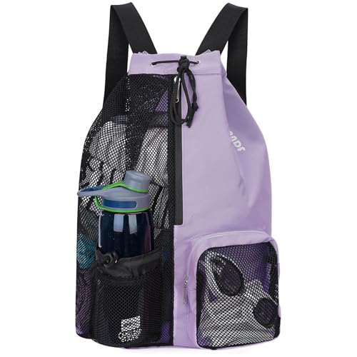 WANDF Swim Bag Mesh Drawstring Backpack with Wet Pocket for Swimming Gym and Workout Gear (Purple)