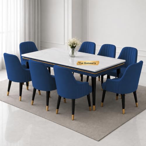 Image of Elara Modern Dining Table Set 8-Seater Wooden Dining Table Set | 1 Year Warranty | Nano Composite Marble Marble Top Table with 8 Chairs (Blue)