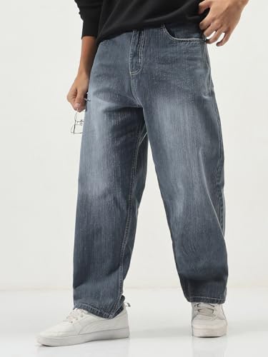Image of Urbano Fashion Men's Loose Baggy Fit Washed Denim Jeans Non-Stretchable