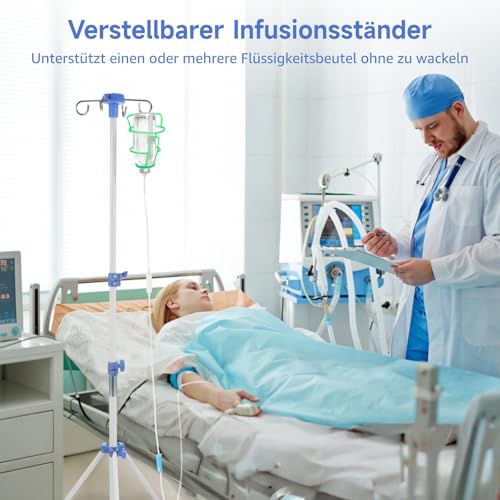 Verstellbarer Infusionsständer, tragbarer Infusionsständer für unterwegs und zu Hause, faltbarer Infusionsständer mit 4 Haken, Edelstahl-Infusionshalter mit 3 Infusionsnetzen, 77–192cm (weiß)