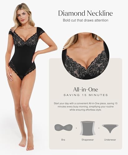 Popilush Lace Tops Body Suits for Womens Tummy Control Shapewear Bodysuit V Neck Party Date Night Outfit Body Shaper2