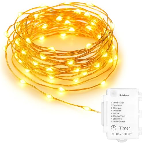 Koopower Grinalda de 4 luzes LED com 50 LED, funciona a pilhas, ligar e desligar automático, 5 m, IP65, resistente à água cabo de 1 m, (8 programas), branco quente