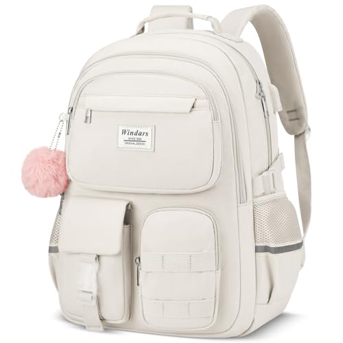 WINDARS School Backpack for Teen Girls, Cute Laptop Backpack for Women Students, Middle High School Bags Aesthetic Bookbag for College Travel Fit 15.6 Inch Laptop (Beige)