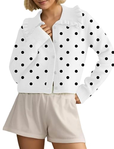 Image of Ythomm Womens Ruffle Collar Cropped Cardigans Button Down Open Front Long Sleeve Knit Sweater Jackets Casual Solid Fall Tops