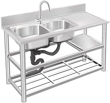Stainless Steel Kitchen Sink Stainless Steel Double Bowl Utility Sink - Heavy-Duty Freestanding Commercial Kitchen Sink with Workbench for Restaurants and Laundry Use，（B，150x50x80cm）