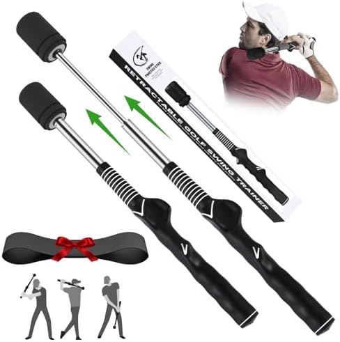 MIKOSI Golf Swing Training Aid, Retractable Golf Grip Trainer for Golf Training, Golf Swing Trainer with Arm Band for Warm-up, Right-Handed Grip Trainer Golf Club for Indoor & Outdoor Use
