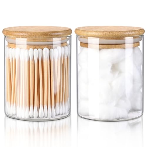 FrutPunch Glass Qtip Holder Dispenser with Bamboo Lid, 2 Pack Apothecary Jars with Lids, Cotton&Swab Apothecary Jars, Qtip Holder Bathroom Set for Countertop Bathroom Essentials Accessories Decor