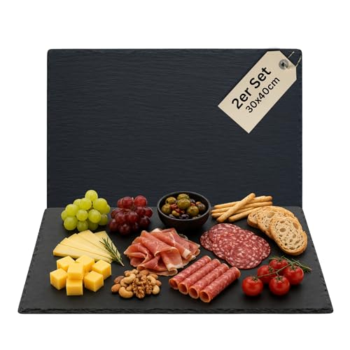 Schieferplatten eckig 30x40 cm Set aus 2 Servierplatten aus Schiefer für Käseplatte Tapasplatte Deko & HLKauf-Block