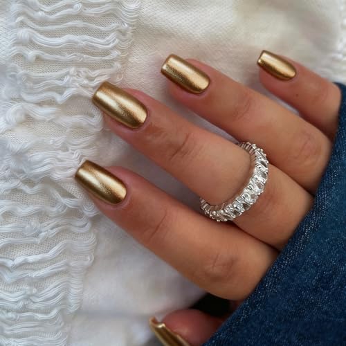 SXVME Acrylic Press on Nails Medium, Metallic Pastel Gold Fake Nails with Design, Sparkle Chrome Nails Press ons Short Square, Glazed Soft Gel Glue on Nails for Women Party Nail Art in 24 Pcs