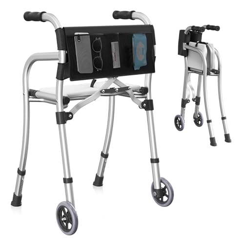 折りたたみ歩行器 シート付き 耐荷重159kg コンパクト超軽量3.6kg 自立収納 高さ調整可能 アルミ製 介護用 シニア 大人 室内・室外兼用 収納バッグ付属