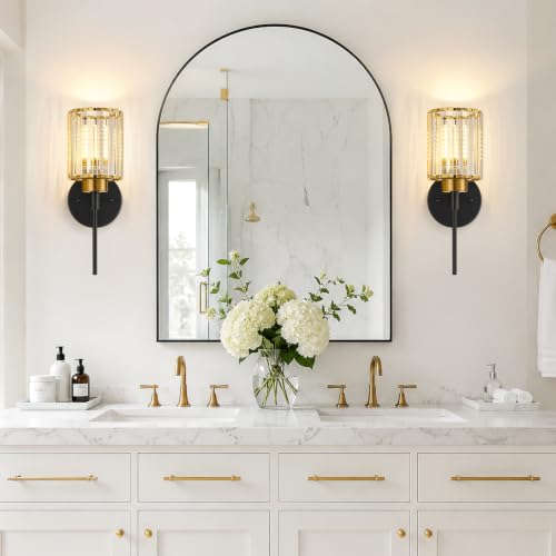 Image of Bathroom Wall Sconces Set of 2, Black & Gold Wall Lights with Clear K9 Crystal Shades, Bathroom Light Fixtures for Bedroom, Living Room, Hallway