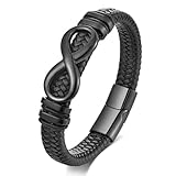 ATEIELLI Bracelet Homme Noir Cuir Tressé Symbole Infini Acier Inoxydable 21/23cm Longueur 1.8cm de Largeur B351 (Noir, 23cm)