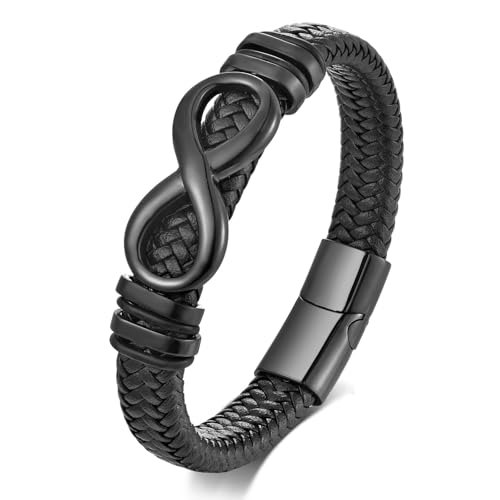 ATEIELLI Unendlichkeit Lederarmband Herren Armband Infinity Edelstahl 21/23 cm Länge b351 (Schwarz, 21cm)