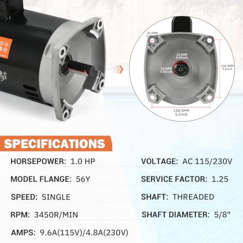 Image of B2853 1 HP Pool Pump Motor Compatible with A.O. Smith Century B853, for Pentair Sta-Rite WhisperFlo Challenger Pinnacle Anthony AR2 Pumps, Single Square Flange 56Y Frame 115 /230V 3450RPM