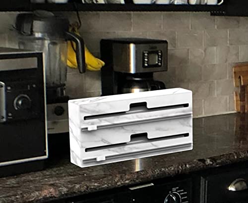 Moden Marble Style Plastic Wrap Organizer For Aluminum Foil And Wax Dispenser, Wrapneat Plastic Wrap With Cutter And Labels, Kitchen Storage Organization Holder For 8-12 Inch Roll(2 In 1) #TOP4