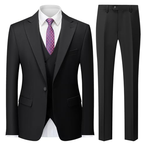 MODFUL Mens Suits 3 Piece Slim Fit Business One Button Tuxedo Wedding Blazer Waistcoat Trousers Set (Black, Large)