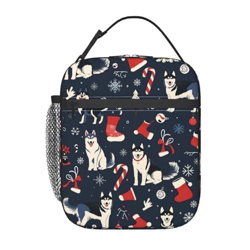 ainori Cute Husky Insulated Lunch Box, Reusable Thermal Lunchbox with Dog Candy Cane and Snowflake, Portable Handbags for Office, Beach, Camping, Road Trip, Hiking, Christmas Gifts for Kids Adults