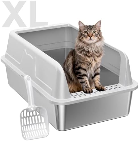 High-Sided Stainless Steel XL Cat Litter Box for Cats | High-Side...