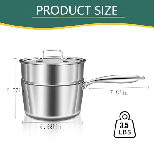 Image of DELARLO Kitchen Tri-Ply Stainless 3-Quart Steamer Set With Glass Lid,with Ergonomic Handle, Multipurpose Sauce Pan, Sauce Pot,oven safe
