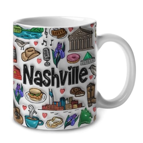 Lotacy Nashville Symbols Colorful 2D Coffee Mug With Flag, 11oz Ceramic Coffee Mug, Nashville Souvenirs and Gifts