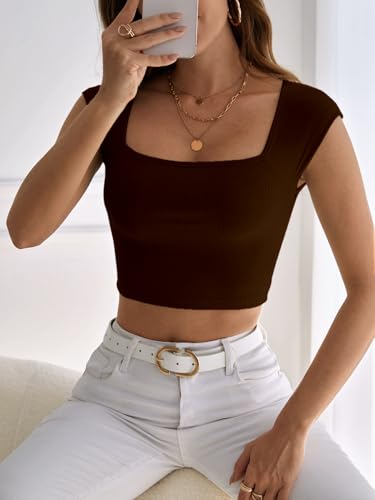 Image of Aahwan Women's Polyester Fitted Royal Solid Square Neck Rib-Knit Form Tee Top (KV-294)