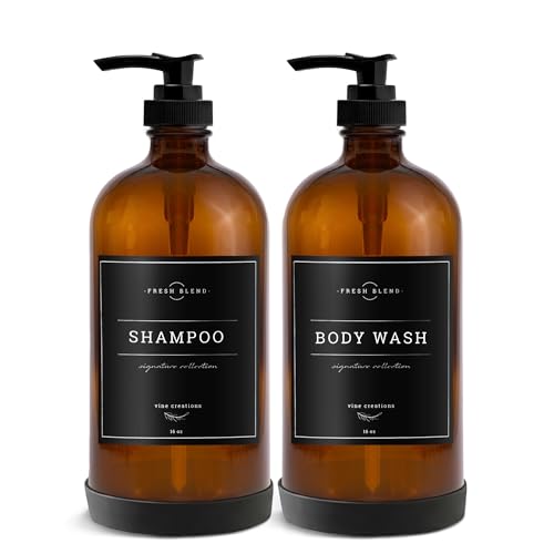 Vine Creations Amber Glass Soap Dispenser, 2 Pack Kitchen Soap Dispenser Set with Rustproof Pump, 16 oz Dish Soap and Hand Soap Dispensers for Bathroom with Waterproof Labels
