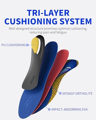 Image of WalkHero Plantar Fasciitis Insoles, High Arch Support for Pain Relief | Orthotic Inserts for Flat Feet, Deep Heel Cup & Cushioning, All Day Comfort for Work Shoes (Mens 14-14.5)