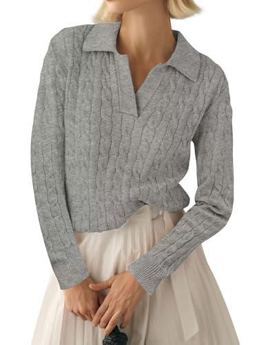 LACOZY Womens Long Sleeve Cable Knit Sweater Jumper V Neck Pullover Soft Dressy Casual Tops Cute 2025 Fall Trendy Outfits Grey L