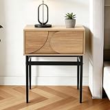 Hometopia Nachttisch Holz mit Schublade, Moderner Nachtschrank im geometrischen Design, Nachtkästchen mit Metallbeinen, Bedside Table & Beistelltisch für Schlafzimmer, 48 × 39 × 58 cm
