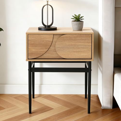 Hometopia Nachttisch Holz mit Schublade, Moderner Nachtschrank im geometrischen Design, Nachtkästchen mit Metallbeinen, Bedside Table & Beistelltisch für Schlafzimmer, 48 × 39 × 58 cm