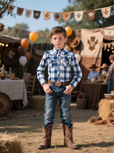 COSLAND Boy's Cotton Western Long Sleeve Button Down Plaid Shirt, 4T-X-Large4