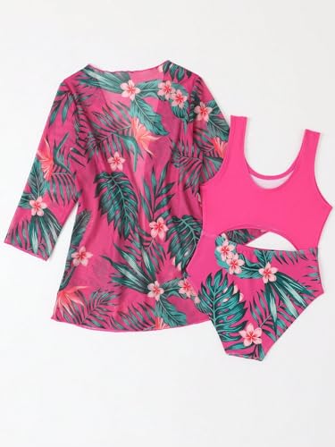 WDIRARA Girl's 2 Piece Swimsuit Tropical Floral Print Cut Out One Piece Swimsuit Beach Bathing Suit with Kimono Cover Up2