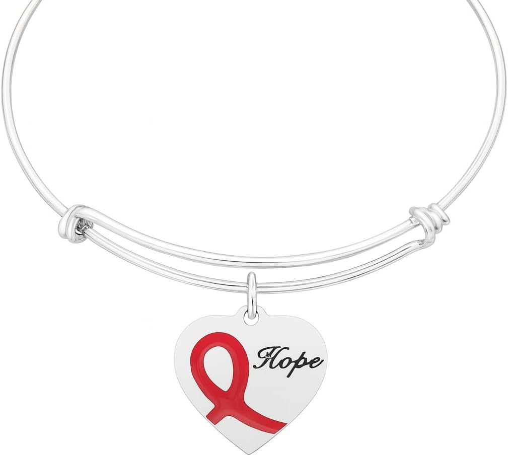 Hope Awareness Bracelet – Red Ribbon Heart Charm Bangle – Adjustable Silver Plated Bracelet for Women – Inspirational Gift for Cancer, Heart, or HIV Awareness