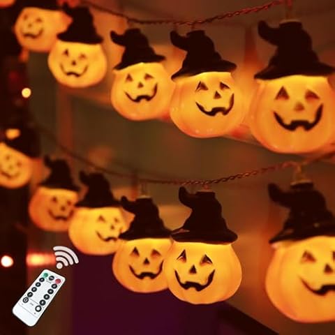Runleo Halloween Pumpkin String Lights with Witch Hat, 20 LED 16.4FT 8 Modes Timer 3D Waterproof Orange Jack-O-Lantern Battery Operated Flickering Lights for Indoor Outdoor Decor Party Decorations Cover