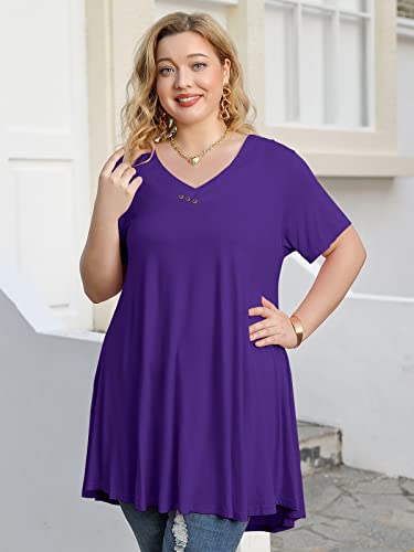 Larace Plus Size Tops For Womens T Shirts Button Down Summer Clothes Short Sleeve Tunics Casual V Neck Blouses(Deep Purple 3X) #TOP2
